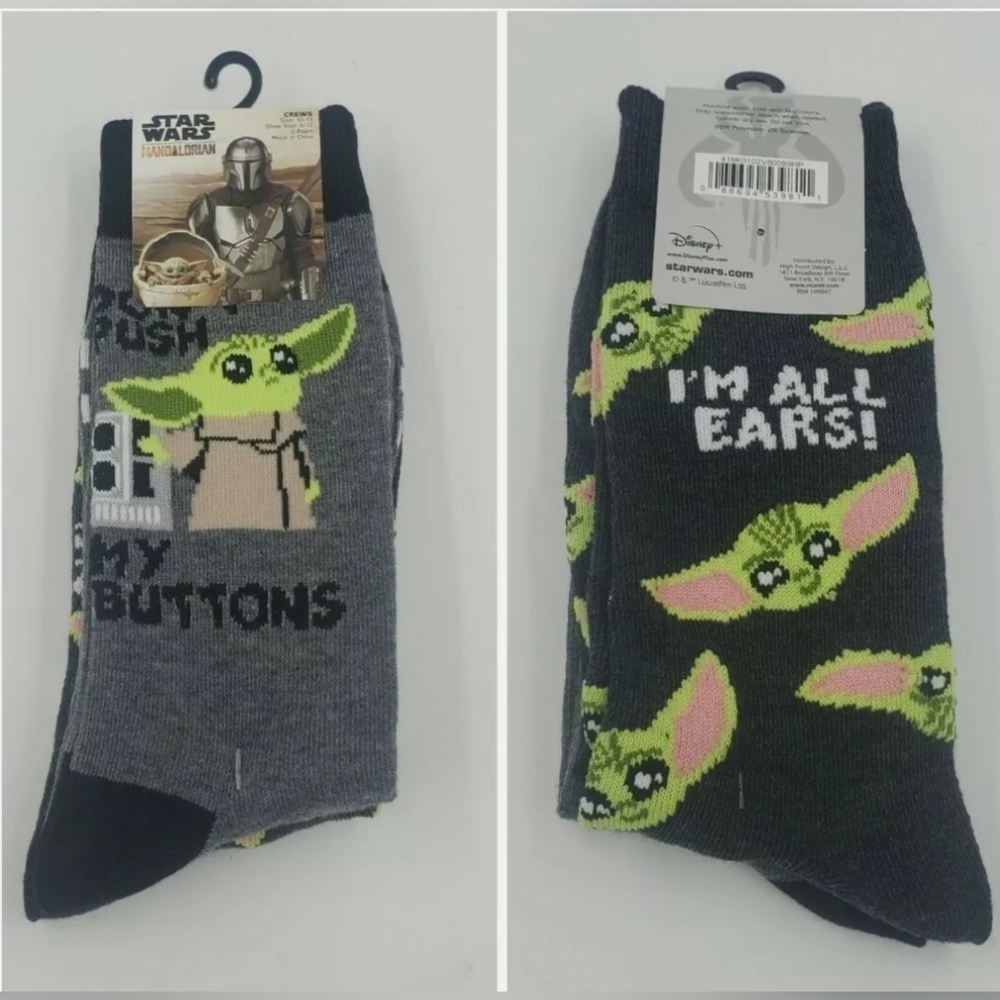 2 Pair Star Wars Crew Socks, Mens Shoe Size‎ 6-12  Mandalorian Yoda.